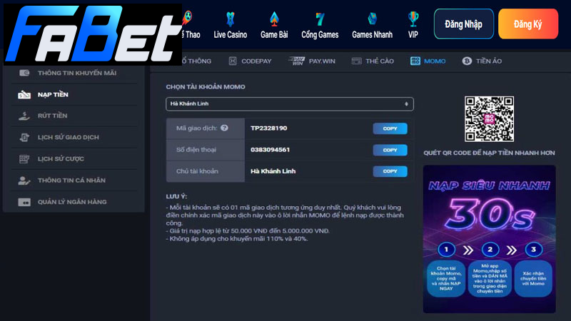 Nạp tiền vào tài khoản FABET